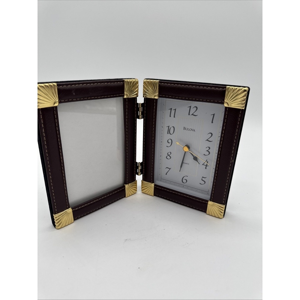 Bulova Picture Frame And Clock 4.5" X 3" Leather Folding Photo Album Works!